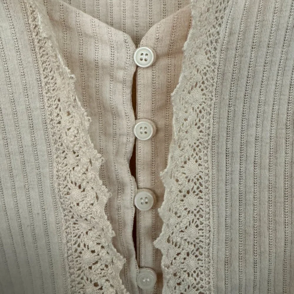 NWT, Free People Third Date Top, Crocheted Hem, Almond / Off-white Color, L